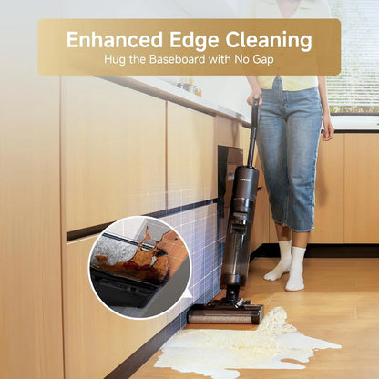 Person using a vacuum cleaner to clean baseboards with text 'Enhanced Edge Cleaning' and 'Hug the Baseboard with No Gap'.