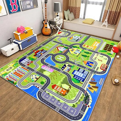 Colorful children's play mat with road design on a wooden floor.