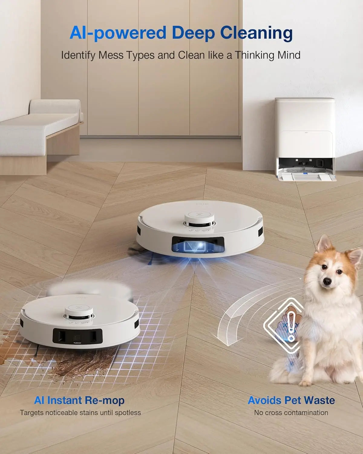 Robotic vacuum cleaners cleaning a floor with text about AI-powered deep cleaning and pet waste avoidance.
