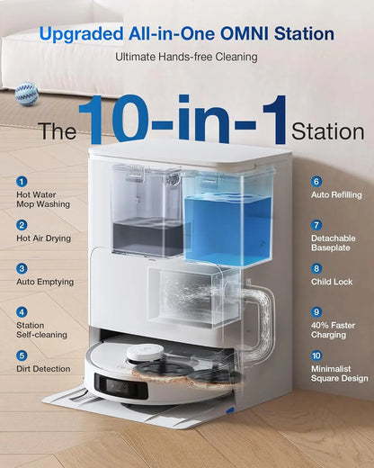 All-in-one cleaning station with features listed on a wooden floor.