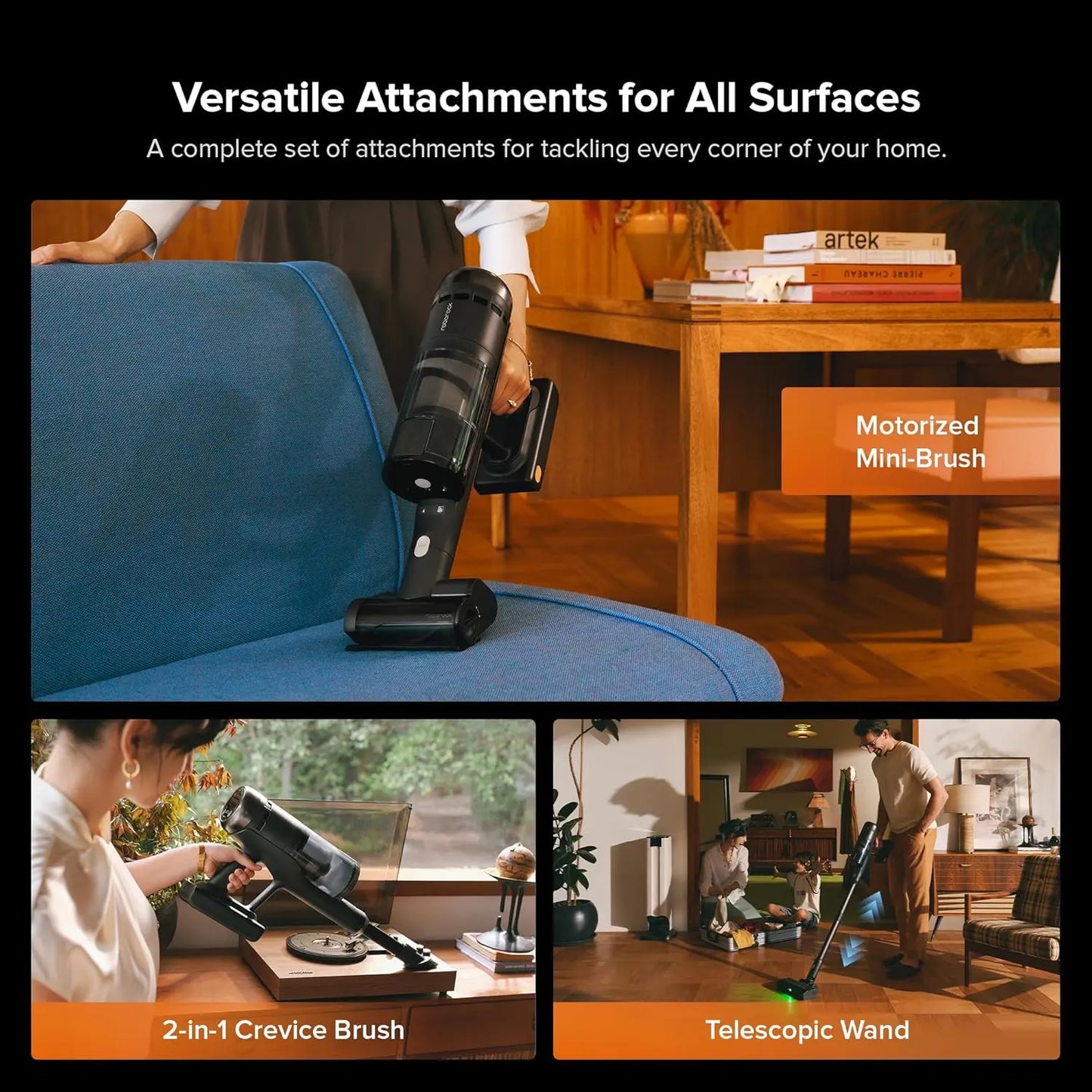 Set of attachments for a vacuum cleaner being used in various home settings.