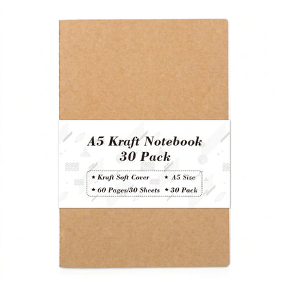 Feela A5 kraft notebooks 30 pack with brown soft covers stacked on a white background