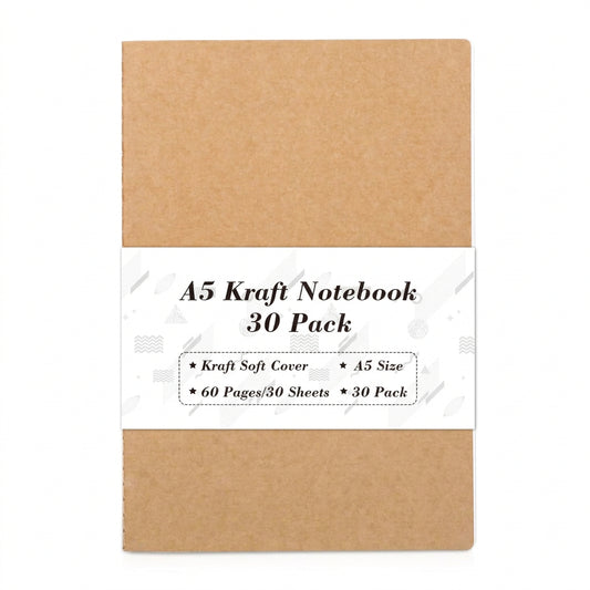 Feela A5 kraft notebooks 30 pack with brown soft covers stacked on a white background