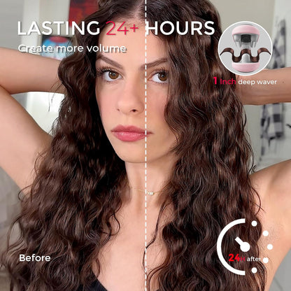 Woman with styled hair before and after using a deep waver, showing 24-hour durability.