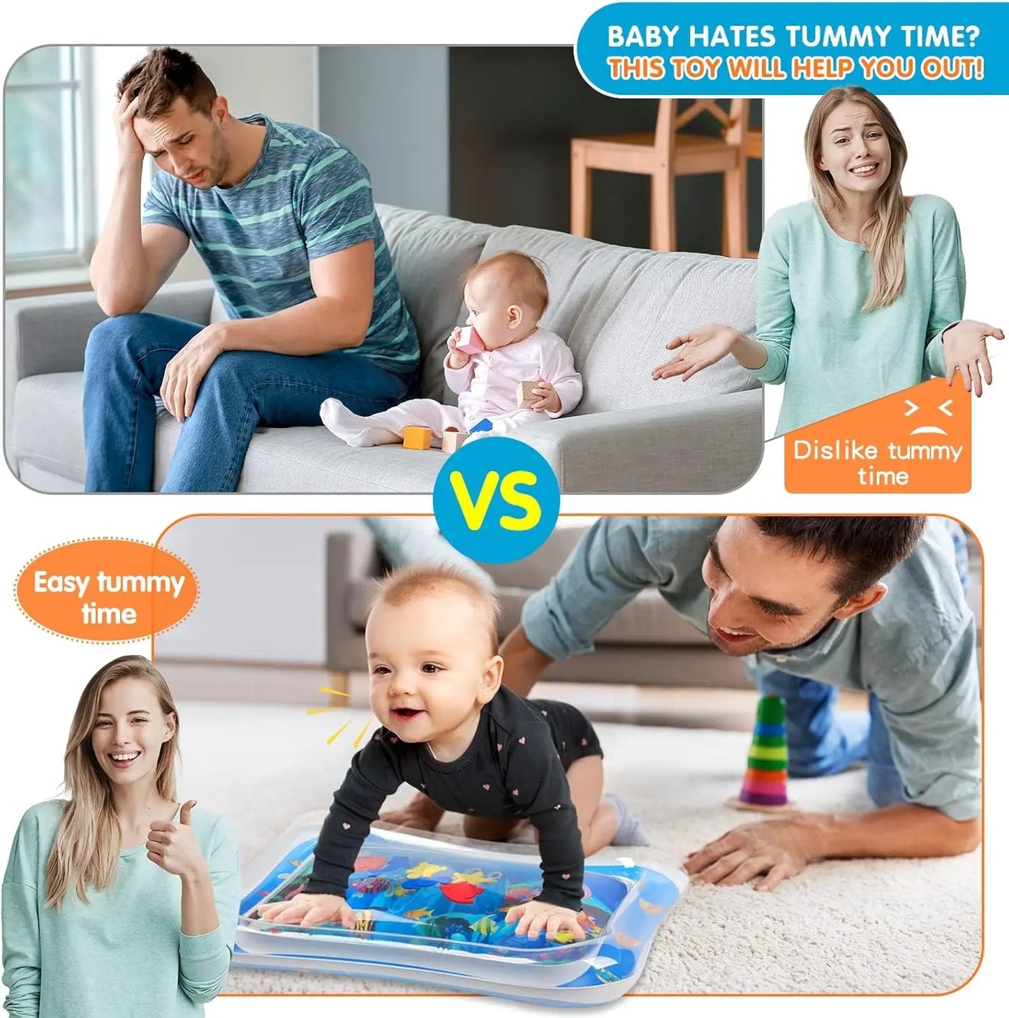 Comparison of a baby tummy time with and without a toy, showing a man and woman with a baby on a couch and a baby playing with a toy on the floor.