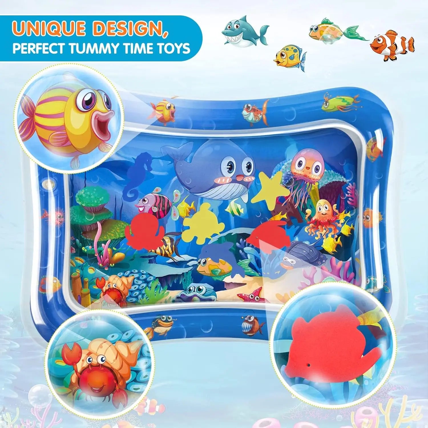 Inflatable play mat with ocean-themed design featuring various sea creatures on a light blue background.