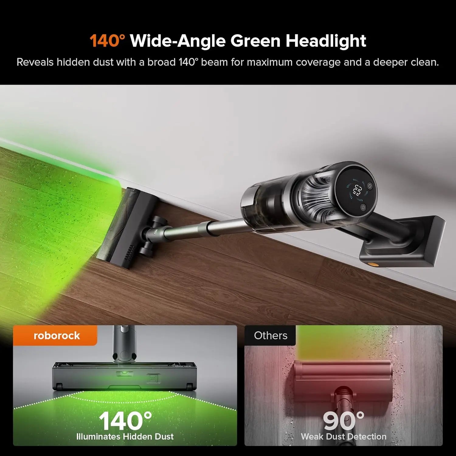 Roborock robot vacuum cleaner with wide-angle green headlight feature, comparing coverage to 'Others'.
