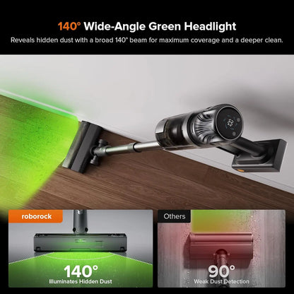 Roborock robot vacuum cleaner with wide-angle green headlight feature, comparing coverage to 'Others'.
