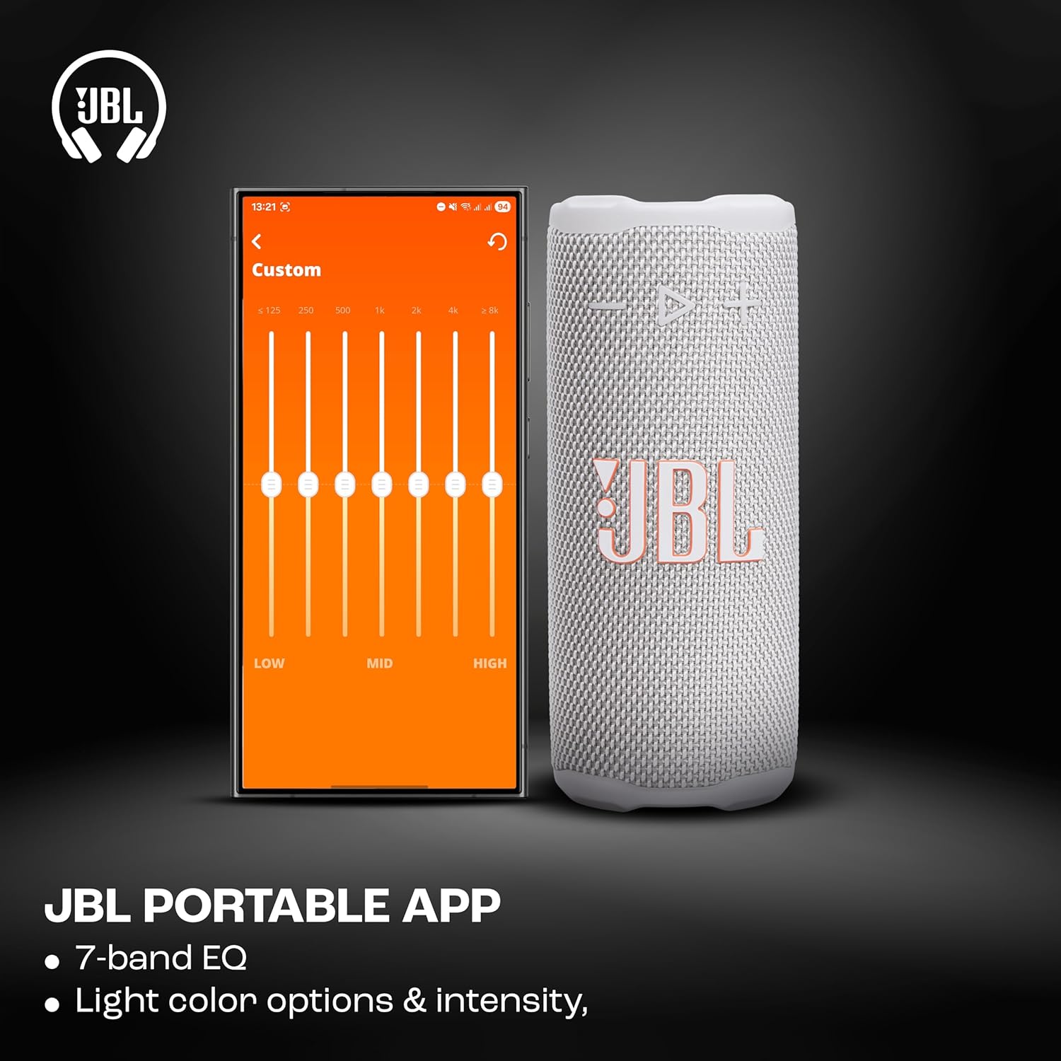 JBL portable app with equalizer settings displayed on a smartphone screen, next to a JBL speaker.