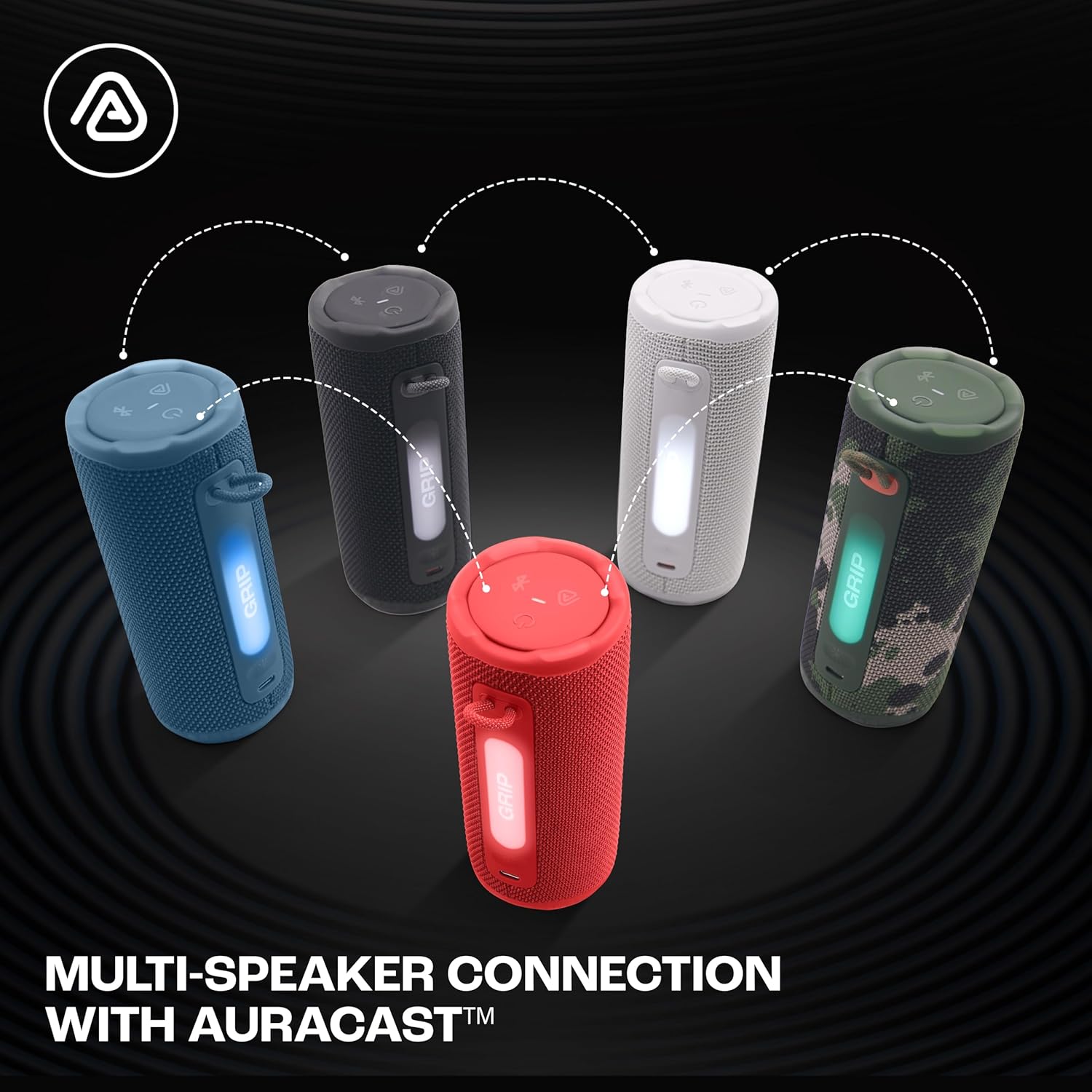 Five portable speakers in different colors with Auracast connection feature on a black background