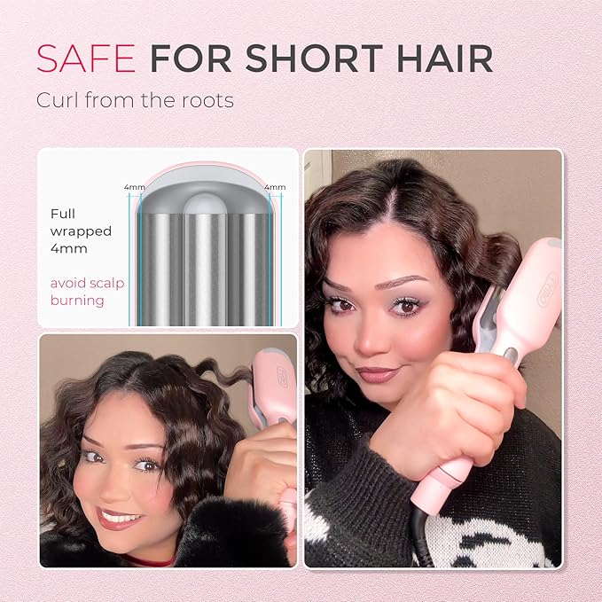 Woman using a hair styling tool with text indicating it's safe for short hair and can be used from the roots.