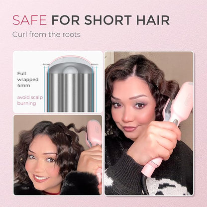 Woman using a hair styling tool with text indicating it's safe for short hair and can be used from the roots.