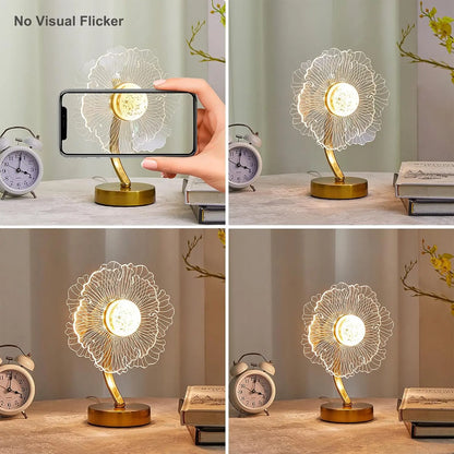 Decorative table lamp with a floral design on a wooden surface, shown from multiple angles.