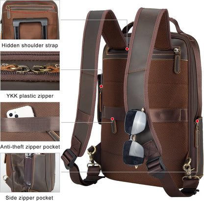 Brown backpack with features highlighted on a white background