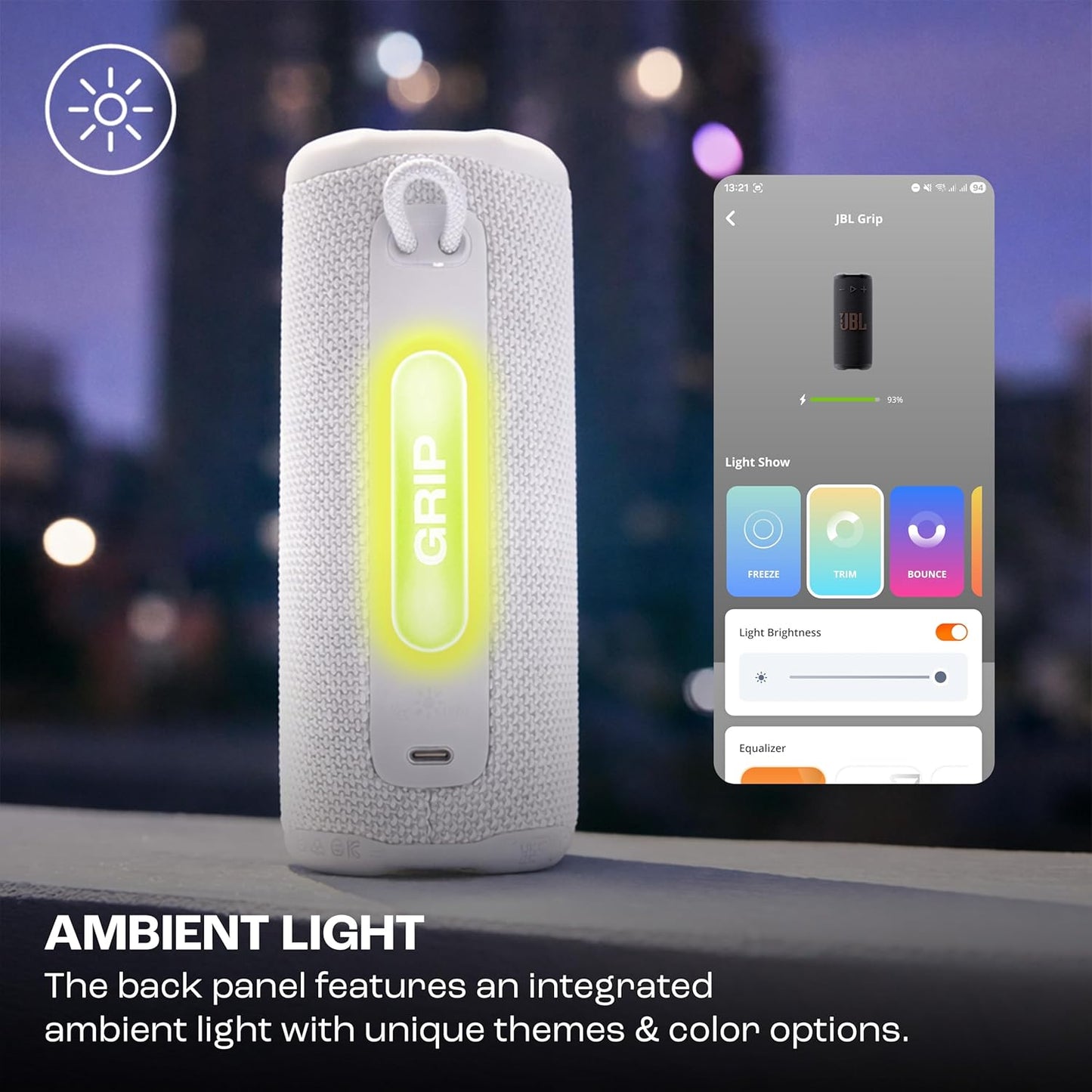 Smartphone case with integrated ambient light and smartphone displaying app interface.