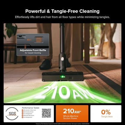 Vacuum cleaner with adjustable front baffle cleaning a wooden floor, featuring SGS certification.