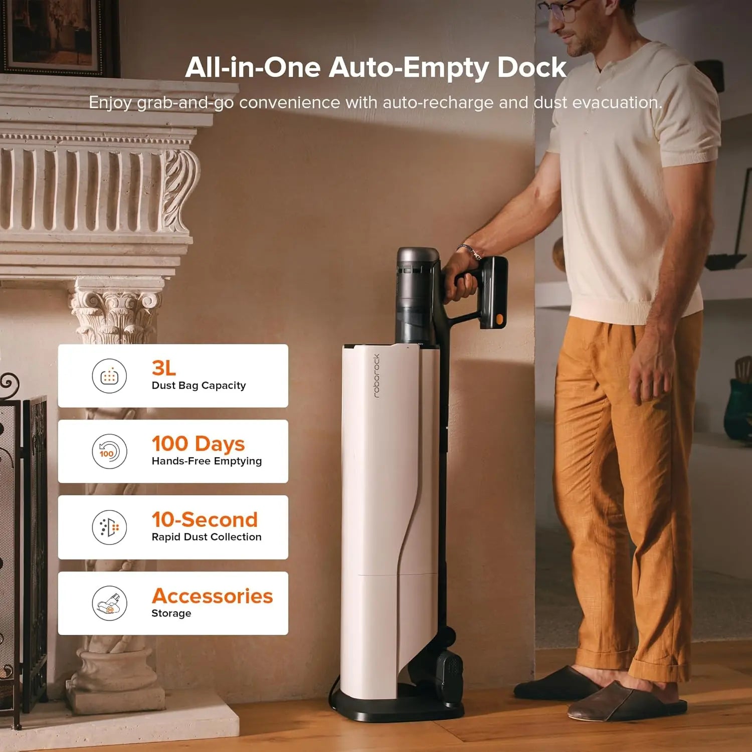 Man using an All-in-One Auto-Empty Dock with product features displayed on screen.
