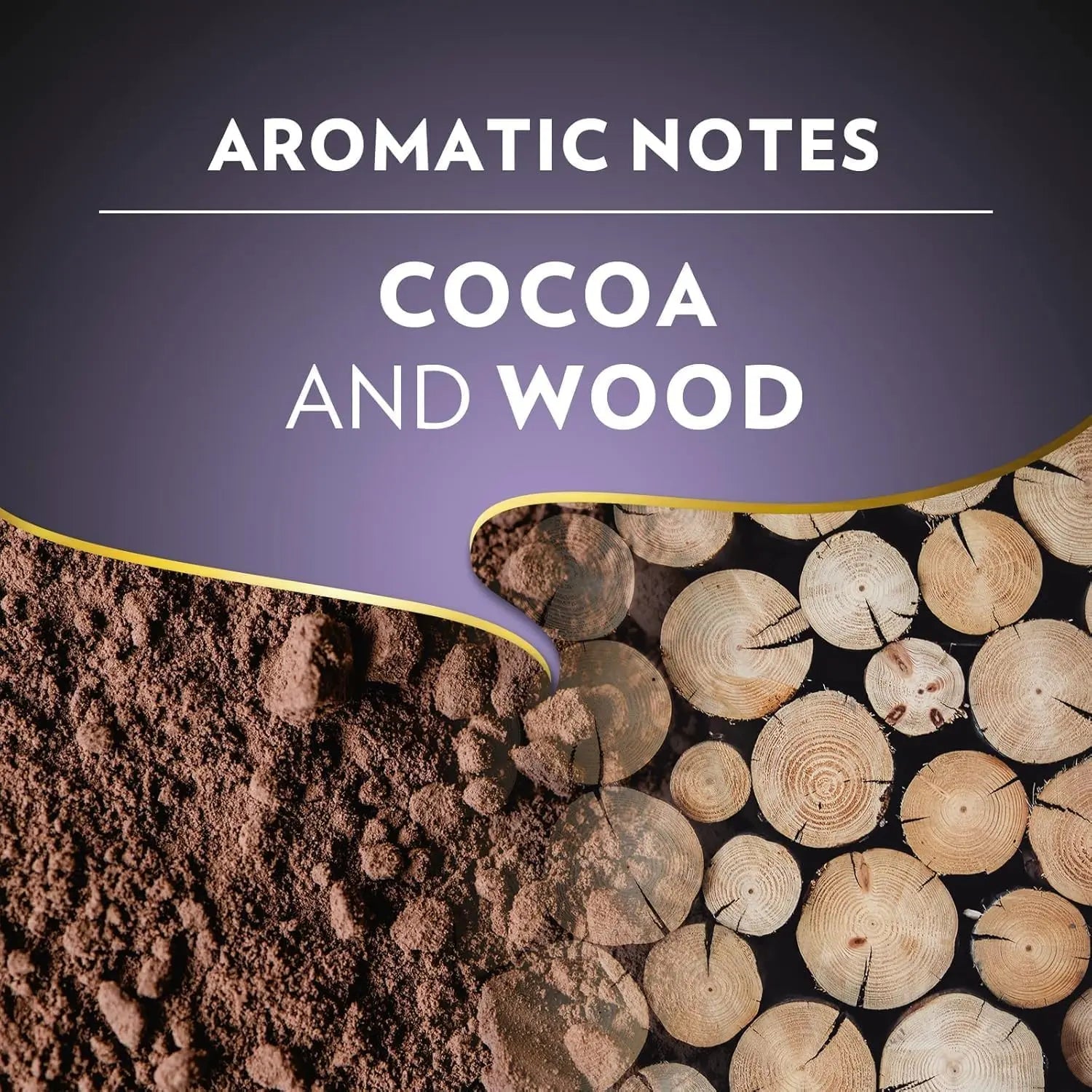 Text 'Aromatic Notes Cocoa and Wood' with soil and wood logs on a dark background