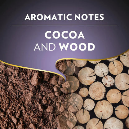 Text 'Aromatic Notes Cocoa and Wood' with soil and wood logs on a dark background
