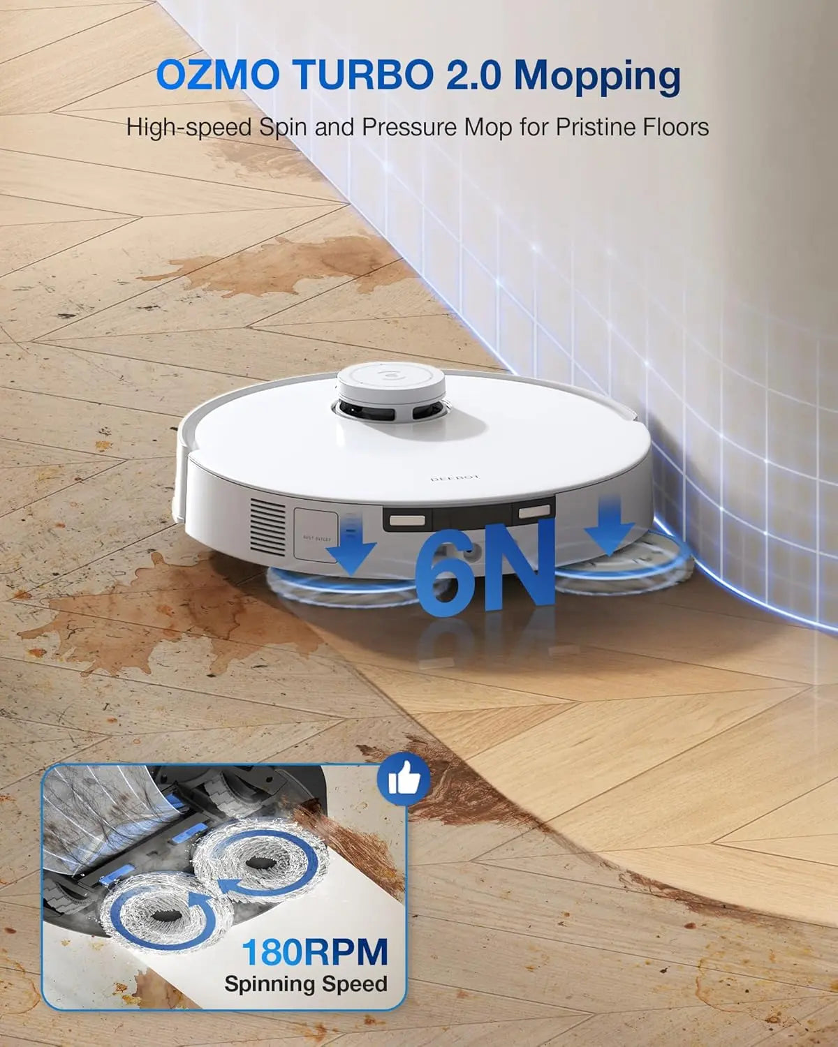 OZMO Turbo 2.0 mopping robot cleaning a wooden floor with text highlighting features.