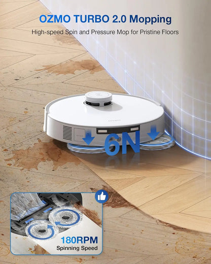 OZMO Turbo 2.0 mopping robot cleaning a wooden floor with text highlighting features.