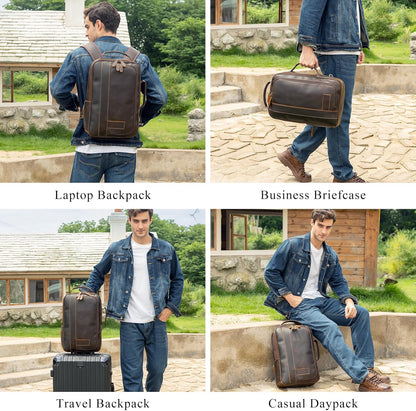 Man holding different types of leather bags including a laptop backpack, business briefcase, travel backpack, and casual daypack.