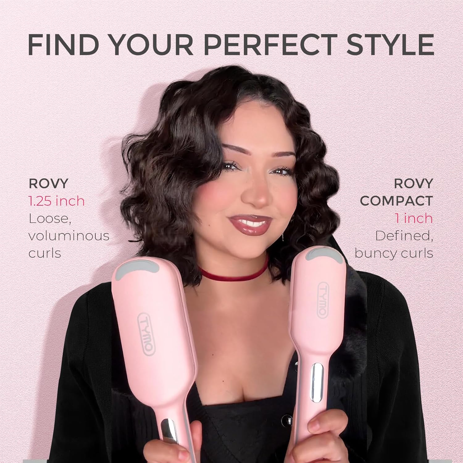 Woman holding two hair styling tools with text on a pink background