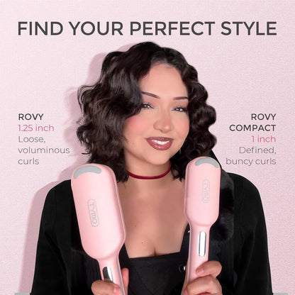Woman holding two hair styling tools with text on a pink background