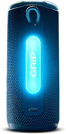 Blue portable speaker with 'Grip' branding on a white background