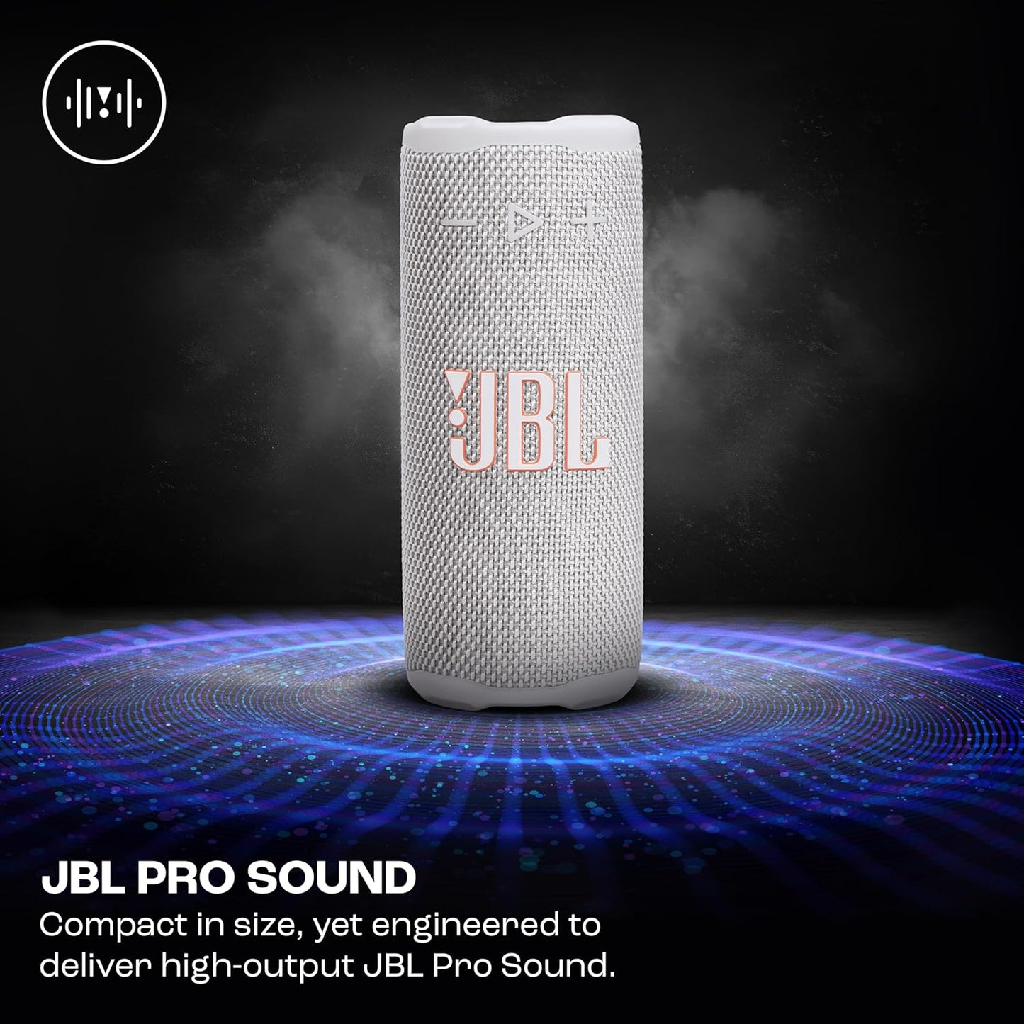 White JBL speaker on a dark background with sound wave graphics