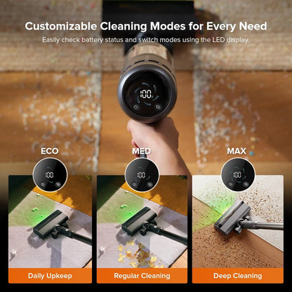 Cleaning tool with customizable cleaning modes displayed on a screen, used for daily upkeep, regular cleaning, and deep cleaning.