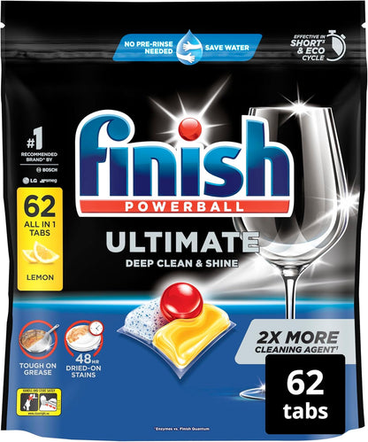 Finish Ultimate Dishwashing Tablets | Lemon Sparkle | 124 Pack (2x62) | Grease & Stain Removal Finish Av8Store