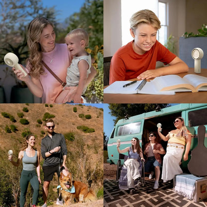 Collage of four scenes: a woman holding a baby, a person studying with a fan, a couple walking a dog, and a group by a van.