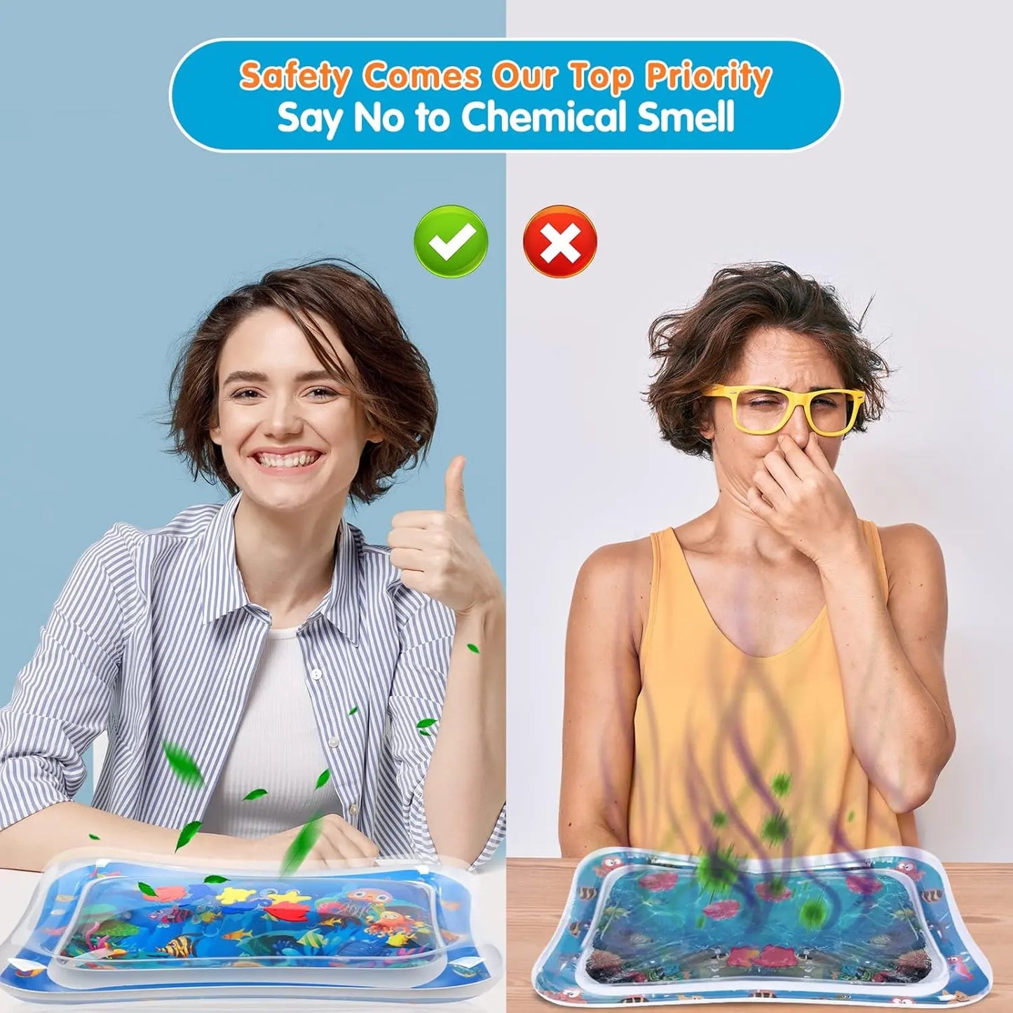 Two women with different reactions to two tummy time pads, one with a chemical smell and the other without.