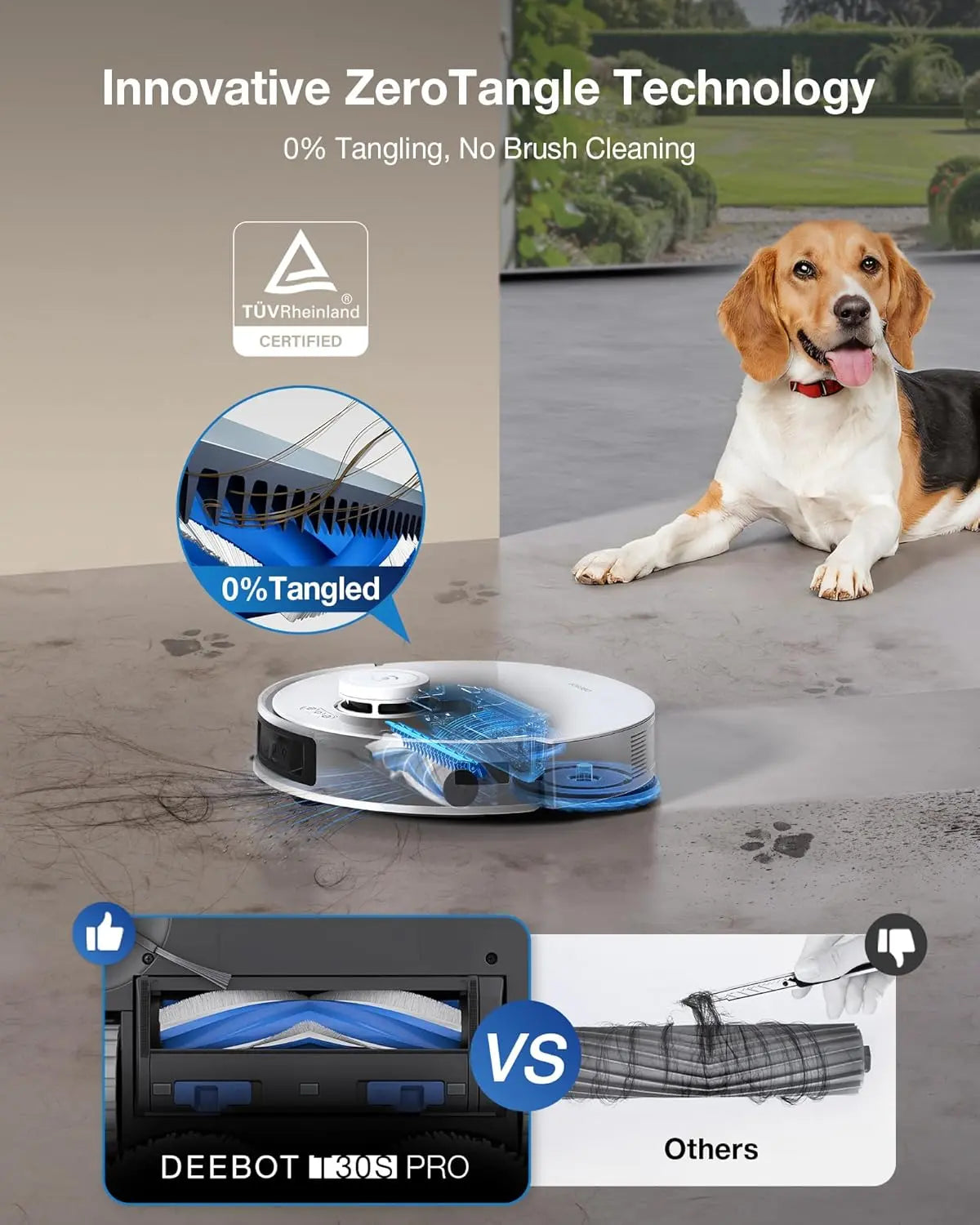 Robotic vacuum cleaner with 'Innovative ZeroTangle Technology' and a dog on a carpet.