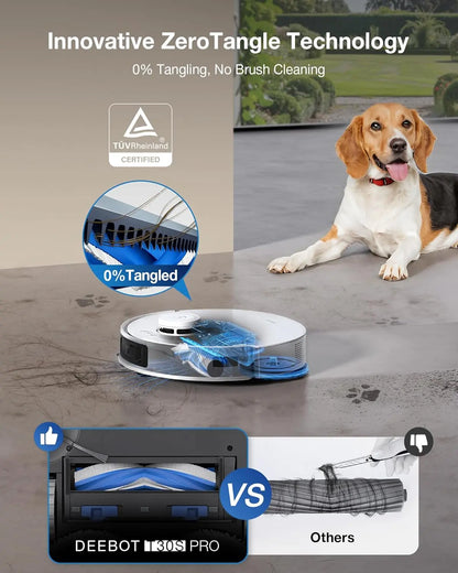 Robotic vacuum cleaner with 'Innovative ZeroTangle Technology' and a dog on a carpet.