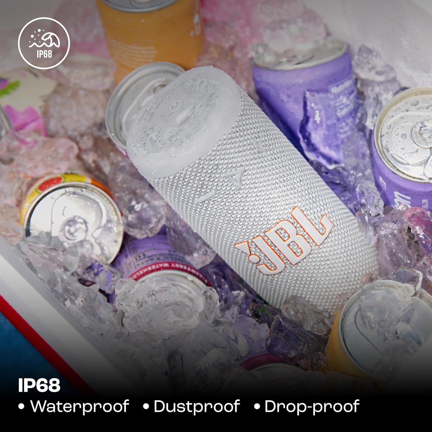 White JBL speaker on ice with beer cans, featuring IP68 rating text.