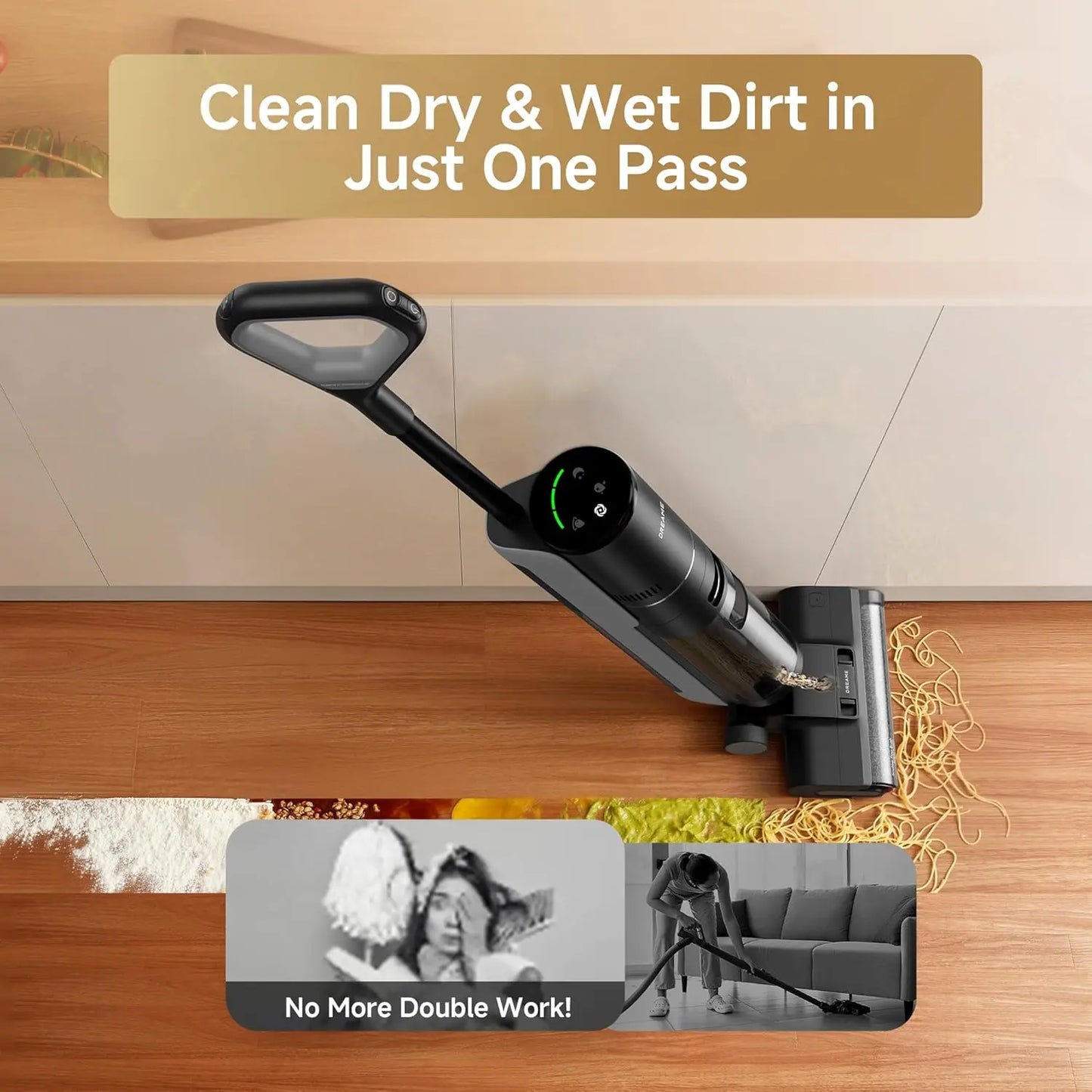 Vacuum cleaner cleaning a wooden floor with text indicating it can clean dry and wet dirt in one pass.