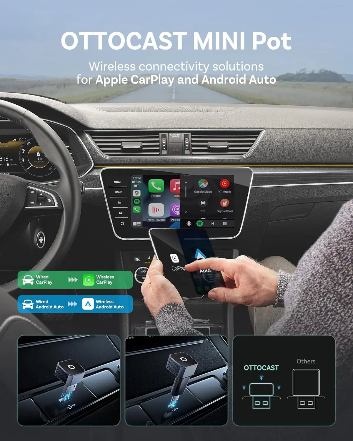 Car dashboard with Apple CarPlay and Android Auto integration, featuring OTTOCAST MINI Pot product.