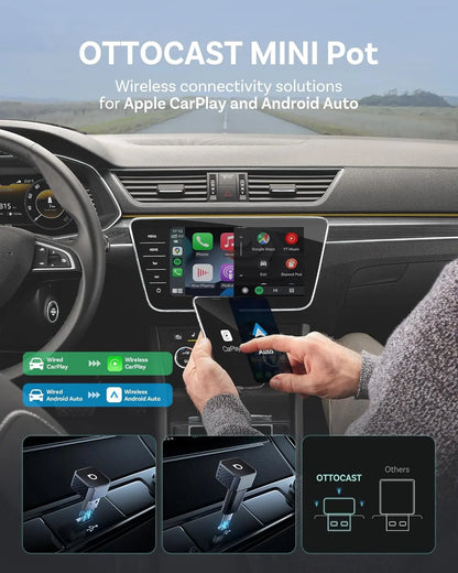 Car dashboard with Apple CarPlay and Android Auto integration, featuring OTTOCAST MINI Pot product.