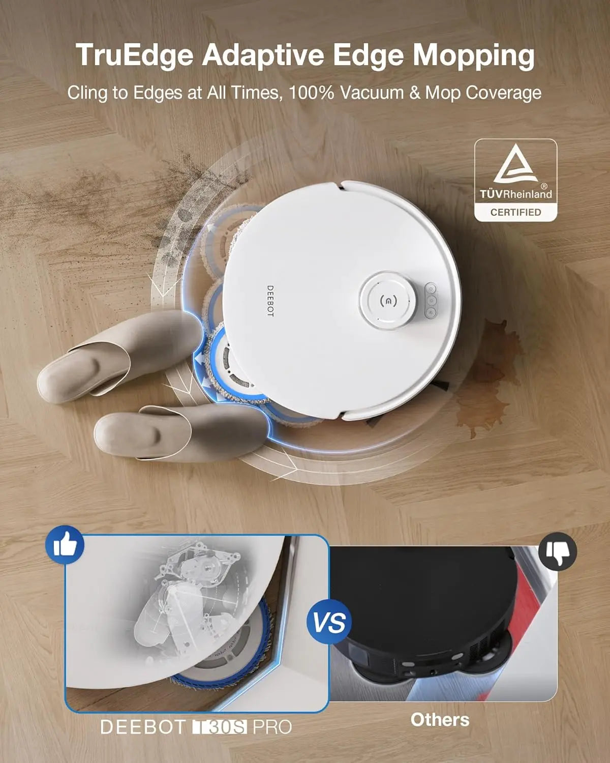 Robotic vacuum cleaner with TruEdge Adaptive Edge Mopping technology on a wooden floor.