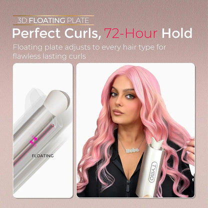 Hair styling tool with a model displaying pink hair, featuring text about 3D floating plate and 72-hour hold.