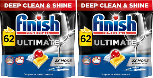 Finish Ultimate Dishwashing Tablets | Lemon Sparkle | 124 Pack (2x62) | Grease & Stain Removal Finish Av8Store