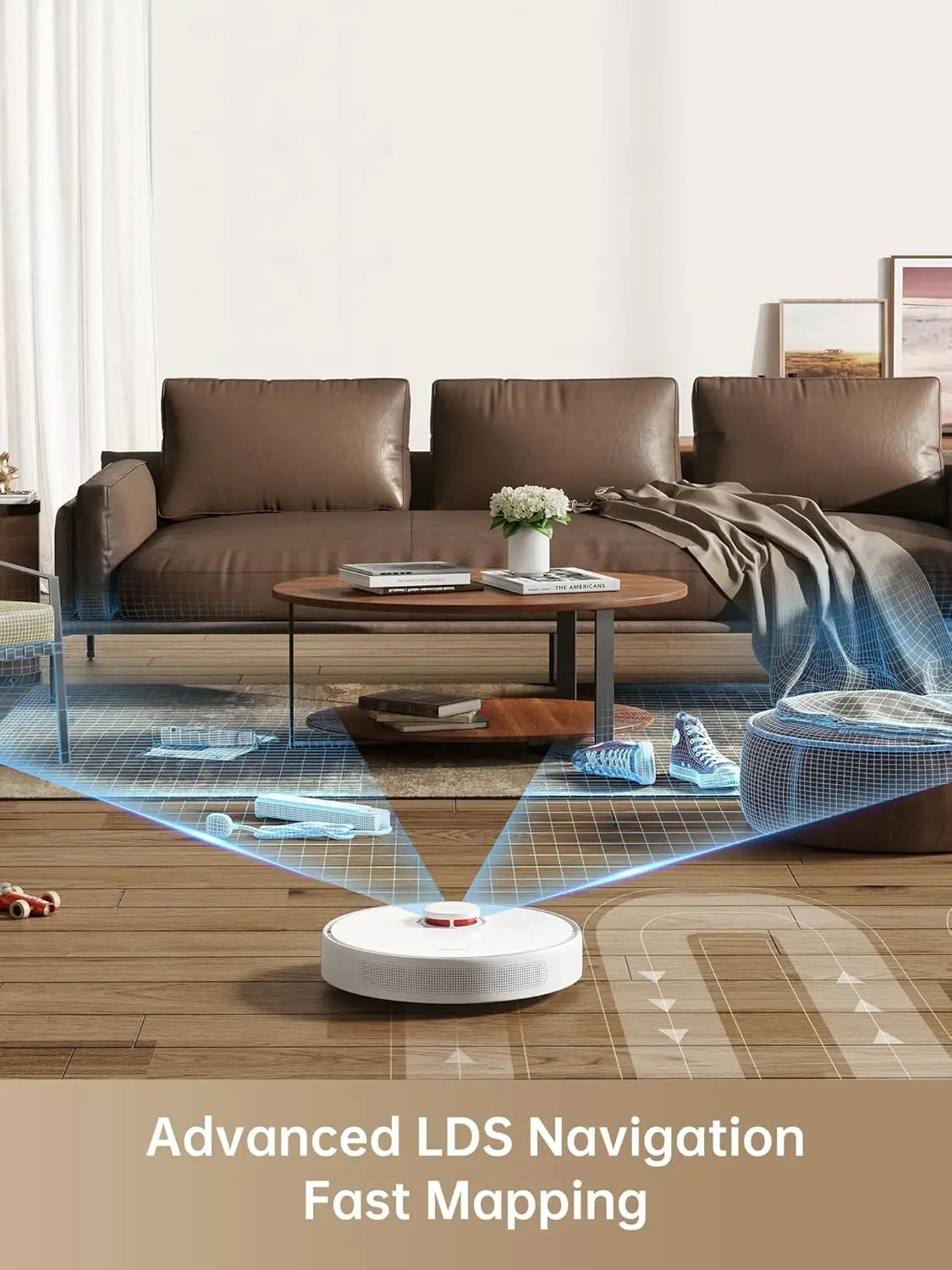 Robotic vacuum cleaner in a living room with advanced LDS navigation technology highlighted.
