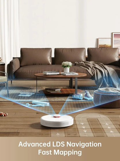 Robotic vacuum cleaner in a living room with advanced LDS navigation technology highlighted.