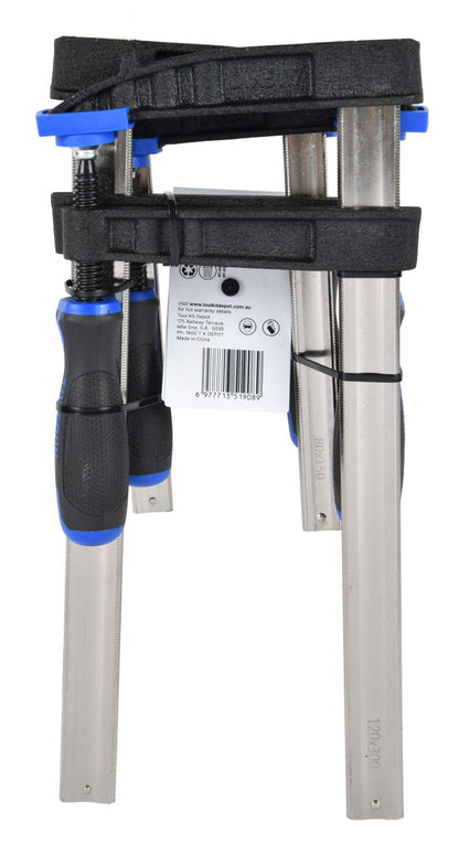 A three-piece set of metal clamp hammers with black and blue handles, shown folded and packaged with a white cardboard tag on a white background.
