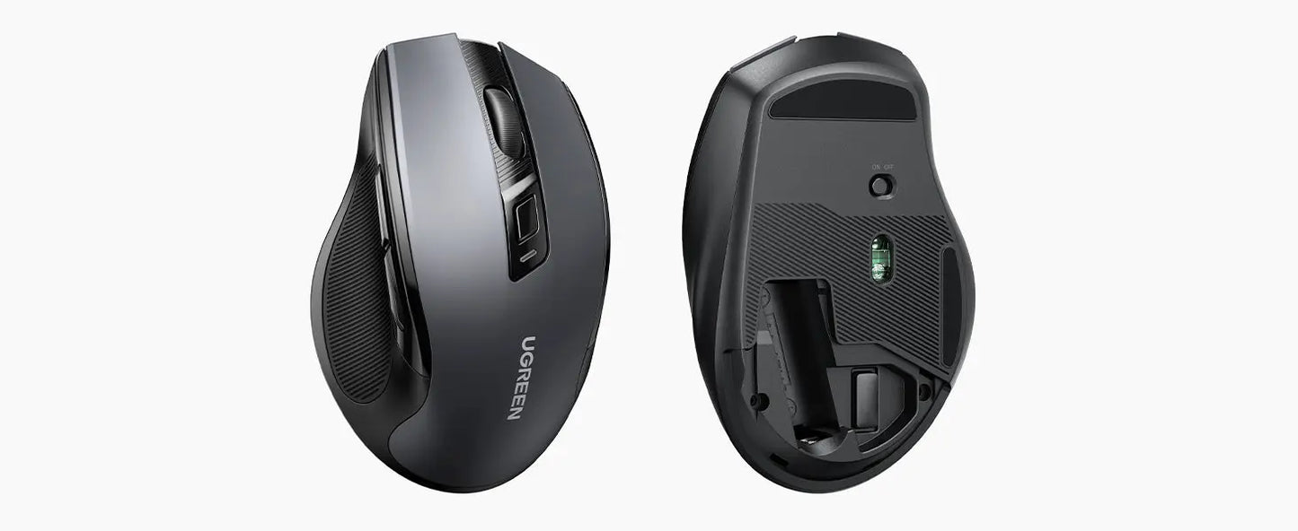 Two computer mice, one black and one gray, on a white background