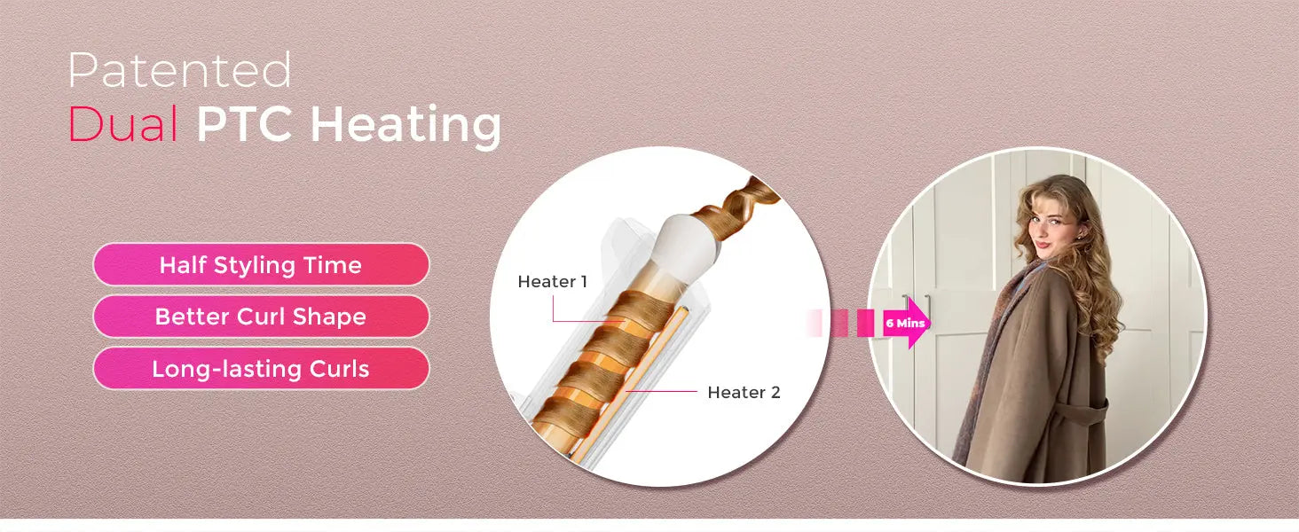 Advertisement for a hair styling product with dual PTC heating technology on a pink background.