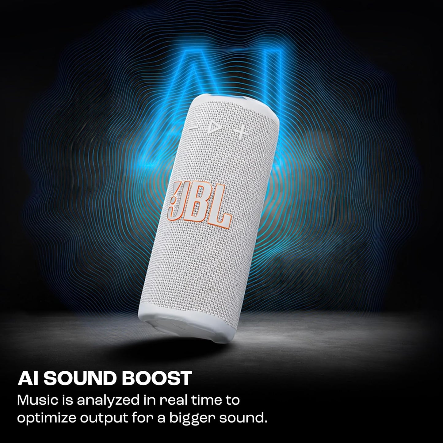 JBL Bluetooth speaker with AI Sound Boost technology on a dark background
