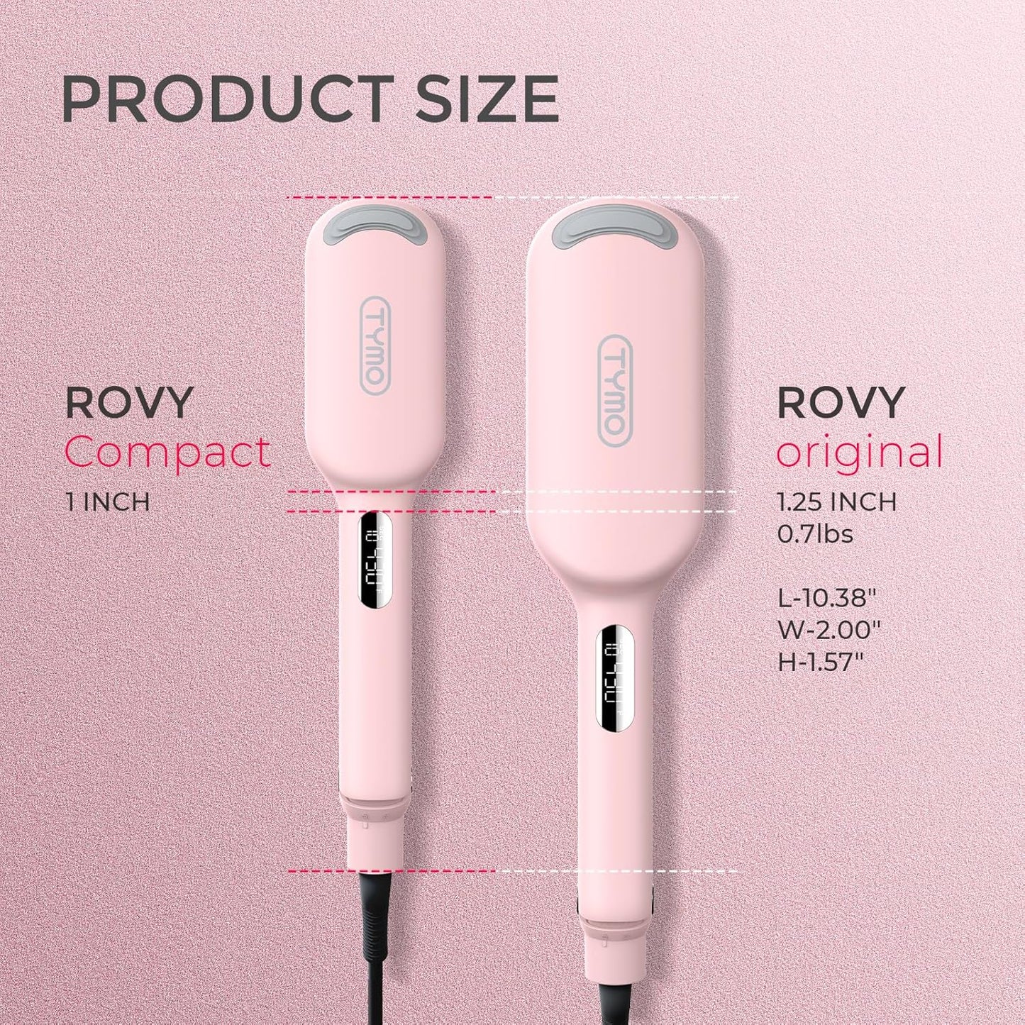 Two pink hair straighteners labeled 'ROVY Compact' and 'ROVY original' on a pink background with product size details.